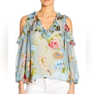 ALICE AND OLIVIA GIA ICY AQUA FLORAL COLD SHOULDER TOP Size  XS